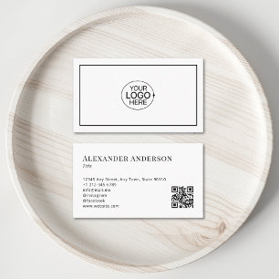 Cartão De Visita Preto e branco simples adicione o logotipo QR míni