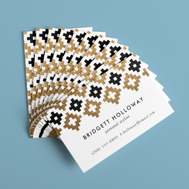 Cartão De Visita Preto e brilhante Dourado no Sudoeste Moderno (faux gold glitter and black geometric southwestern Navajo stye blanket motif business cards)