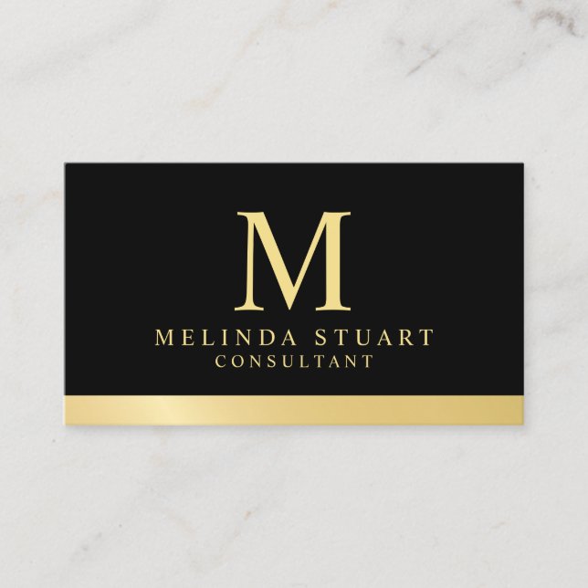 Cartão De Visita Preto e monograma elegante Dourado (Frente)