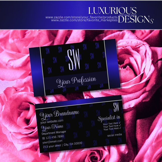 Cartão De Visita Preto Elegante e Azul com Iniciais Profissionais (Criador carregado)