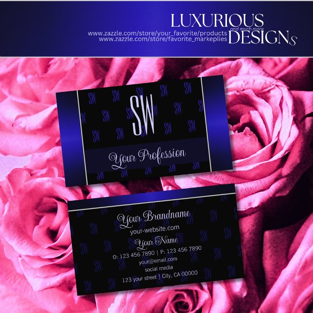 Cartão De Visita Preto Elegante e Azul com Monograma Profissional (Criador carregado)