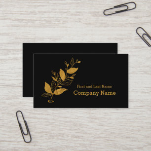 Cartão De Visita Preto Elegante Logotipo Dourado Folha Folha