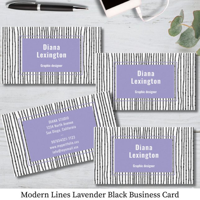 Cartão de Visita Preto Lavanda Linhas Modernas (Criador carregado)