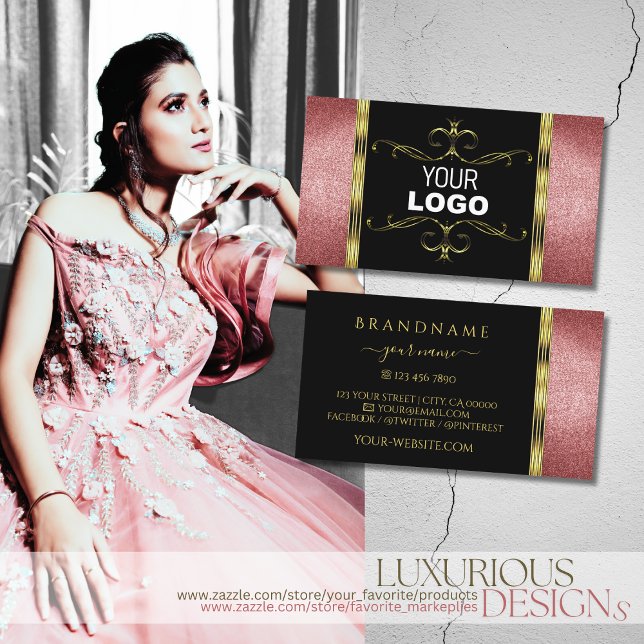 Cartão De Visita Preto Luxurioso Dourado com Brilho Vermelho e Logo (Criador carregado)