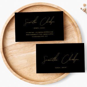 Cartão De Visita Preto Mínimo de Script Dourado Manuscrito