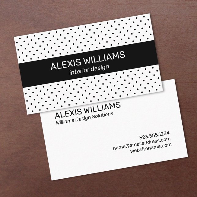 Cartão De Visita Preto Moderno em Bolinhas Brancas - Faixa Preta (Black and White Polka Dots Black Stripe Business Card, front/back, in situ)