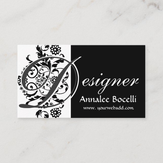 Cartão De Visita Preto na moda elegante Lacey floral do monograma (Frente)