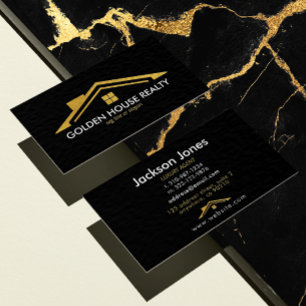 Cartão De Visita Preto Personalizado + Realtors Domésticos Dourado
