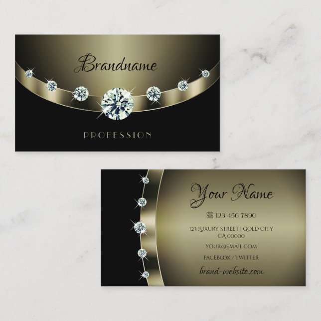 Cartão De Visita Preto Prata Escuro Moderno com Rinestonas Luminosa (Frente/Verso)