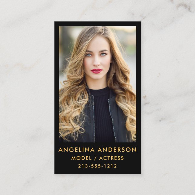 Cartão De Visita Preto profissional do ouro da foto modelo do ator (Frente)