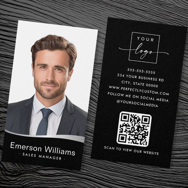 Cartão de visita preto QR - foto de onda falsa de  (Logo faux silver wave photo QR black business card)