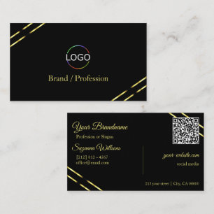 Cartão De Visita Preto Simples com Linhas de Ouro Logotipo e Código