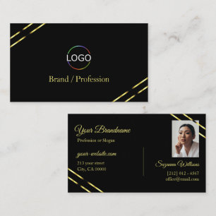 Cartão De Visita Preto Simples com Logotipo e Foto com Linhas Doura