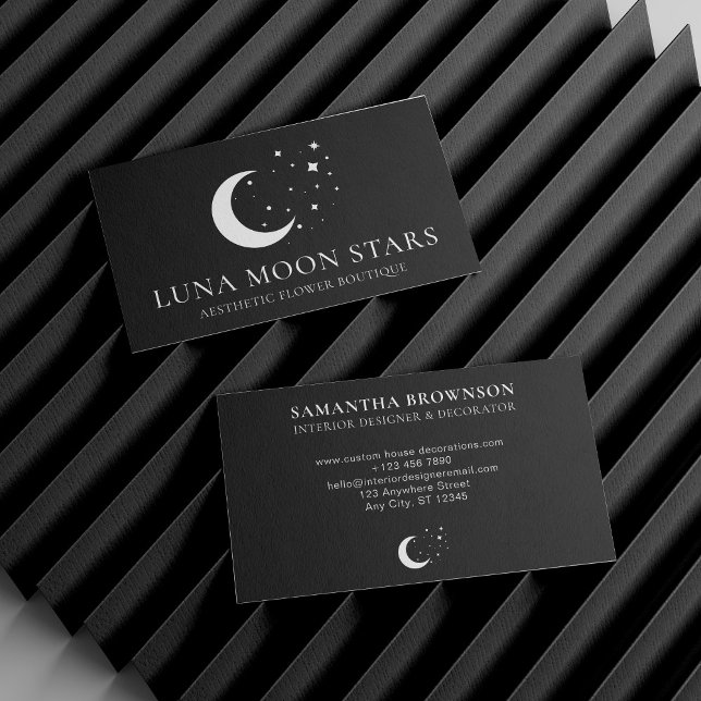 Cartão De Visita Preto Simples Padrão Básico Lua Lua Estrelas (Black Simple Standard Basic Moon Luna Stars Business Card)
