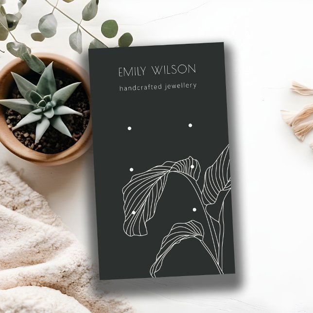 Cartão De Visita Preto White Palm Leafy Sketch 3 Earração (Criador carregado)