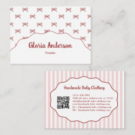 Cartão De Visita Pretty Girly Feminine Pink Red Bow Stripe Pattern