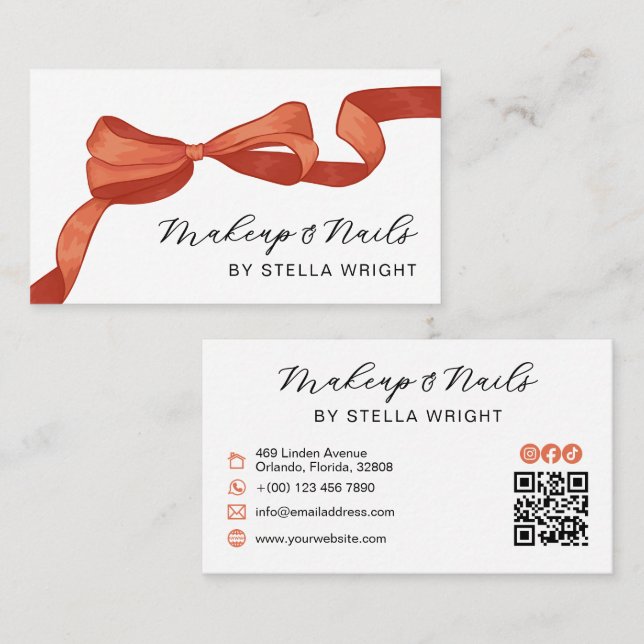 Cartão De Visita Pretty Orange Bow Beauty QR Code (Frente/Verso)