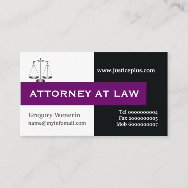 Cartão De Visita Procurador na escala de justiça roxo, negro (Frente)