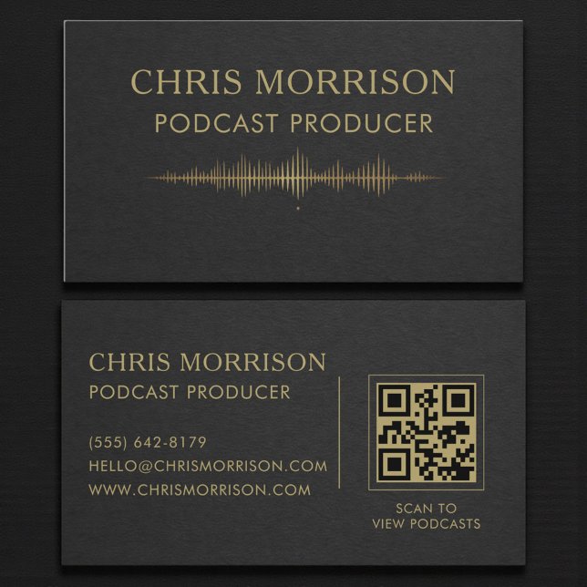 Cartão De Visita Produtor de Podcast QR Code Black Gold  (Criador carregado)