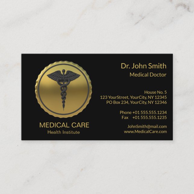 Cartão De Visita Professional 3D Gold Caduceus Emblem Medical (Frente)