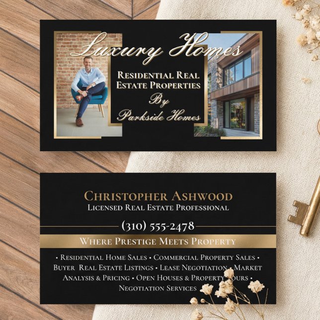 Cartão De Visita Professional Black Gold Real Estate Agent Photo  (Professional Black Gold Real Estate Agent Photo Business Card)