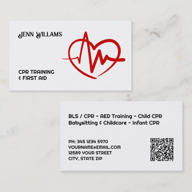Cartão De Visita Professional CPR Instructor Business Cards with QR (Frente/Verso)