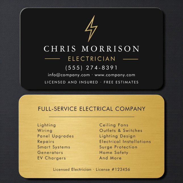 Cartão De Visita Professional Electrician Contractor Black & Gold (Criador carregado)