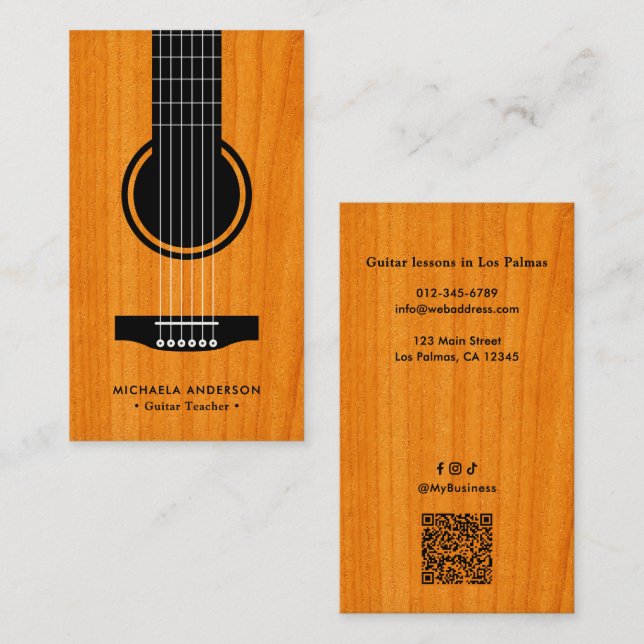 Cartão De Visita Professional Guitar Teacher QR Code & Social Media (Frente/Verso)