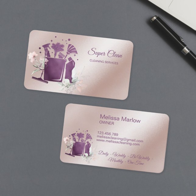 Cartão De Visita Professional House Cleaning Rose Gold Glitter Chic (elegant cleaning business card with bucket tools and flowers, rose gold and purple color)