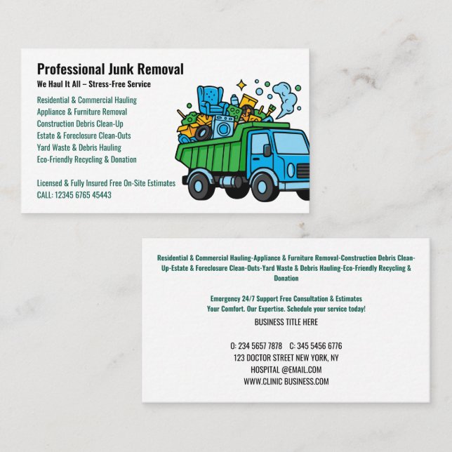 Cartão De Visita Professional Junk Removal & Hauling Services (Frente/Verso)