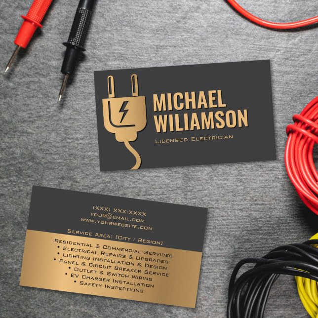 Cartão De Visita Professional Licensed Electrician Electrical Work (Electrician services business card with black and gold color scheme, contact details and service lis)