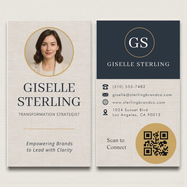 Cartão De Visita Professional Linen Photo QR Code Modern (Criador carregado)