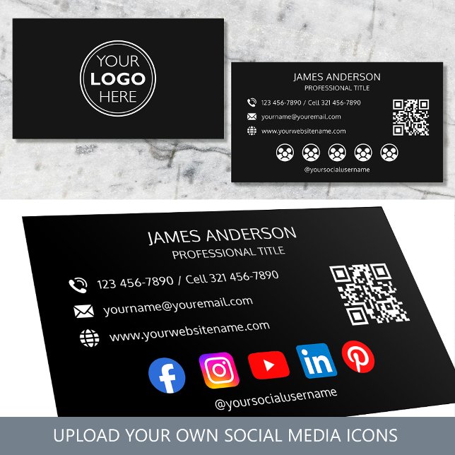 Cartão De Visita Professional Logo Social Media QR Code Black (Criador carregado)