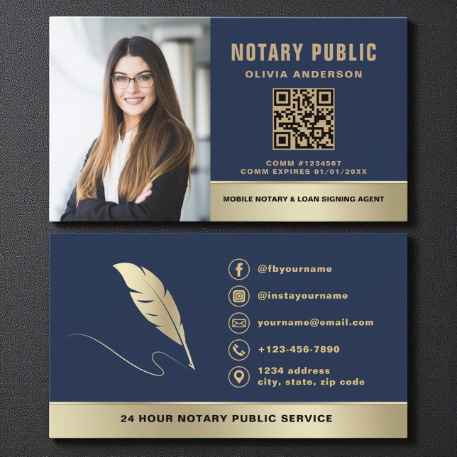Cartão De Visita Professional Notary Public Navy Blue Gold Photo (Criador carregado)