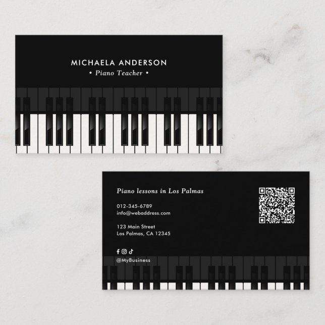 Cartão De Visita Professional Piano Teacher QR Code & Social Media (Frente/Verso)