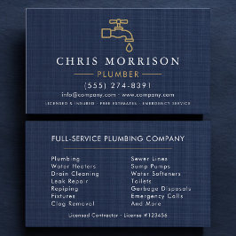 Cartão De Visita Professional Plumbing Plumber Navy Blue Gold 