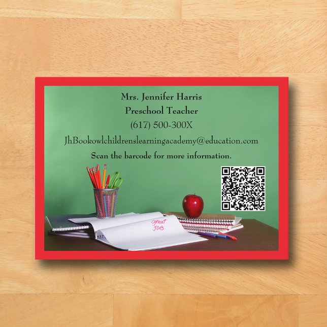 Cartão De Visita Professor(a) de Escola Primária QR Code Grau  (Red Business Card for Teacher )