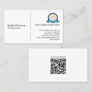 Cartão De Visita Professor branco simples com logotipo escolar e có