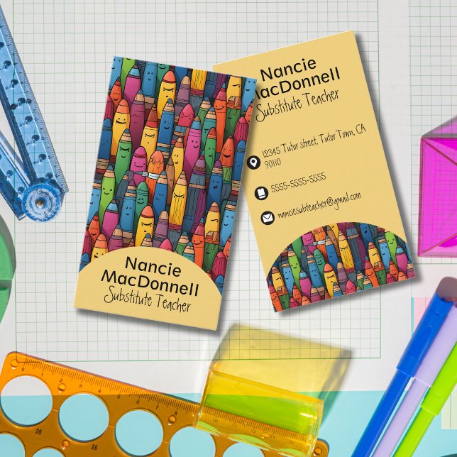 Cartão De Visita Professor Colorido Tutoring Crayon Patterno (Criador carregado)