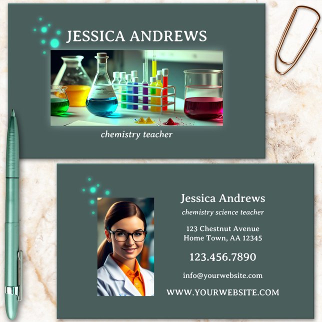 Cartão De Visita Professor de Ciências Químicas Foto do Professor (Chemist, chemistry teacher or tutor business card with custom photo)