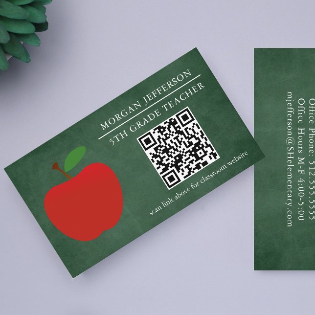 Cartão De Visita Professor de Escola Red Apple Chalkboard Código QR (Criador carregado)