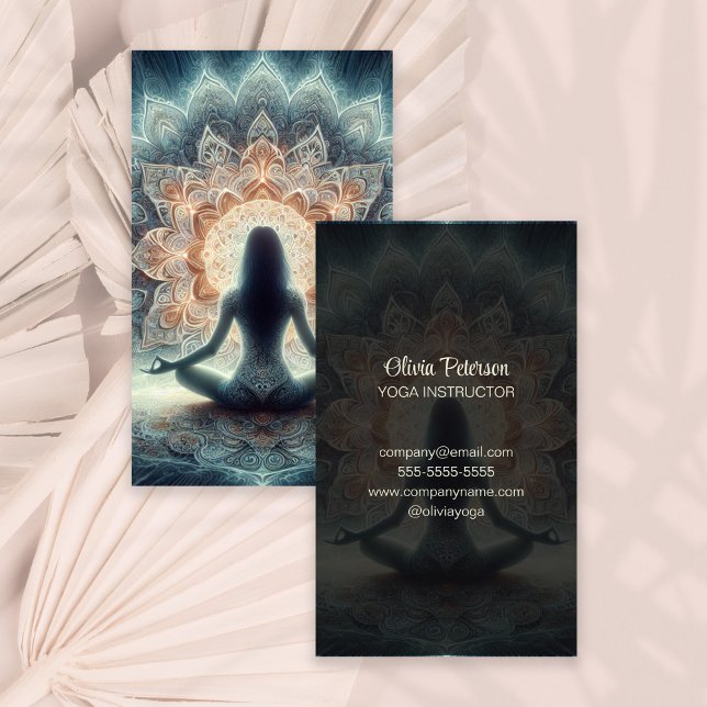 Cartão De Visita Professor de Ioga Moderna Mandala Yogi Girl (Modern Yoga Teacher Mandala Yogi Girl Business Card on a boho neutral dry palm leaf.)