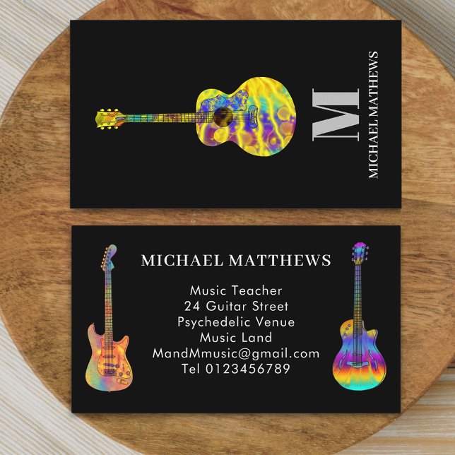 Cartão De Visita Professor de música acústica de guitarra Monograma (Modern guitar music tutor professional musician black Business card Guitarist music teacher)