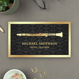 Cartão De Visita Professor de Música Black Damask Gold Foil Clarin