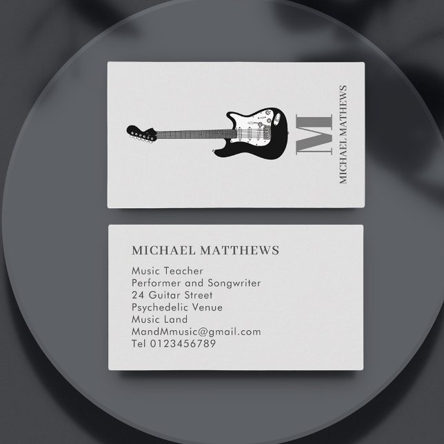 Cartão De Visita Professor de Música de Violão (Modern guitar music teacher business card with black and white electric guitar art & custom monogram)