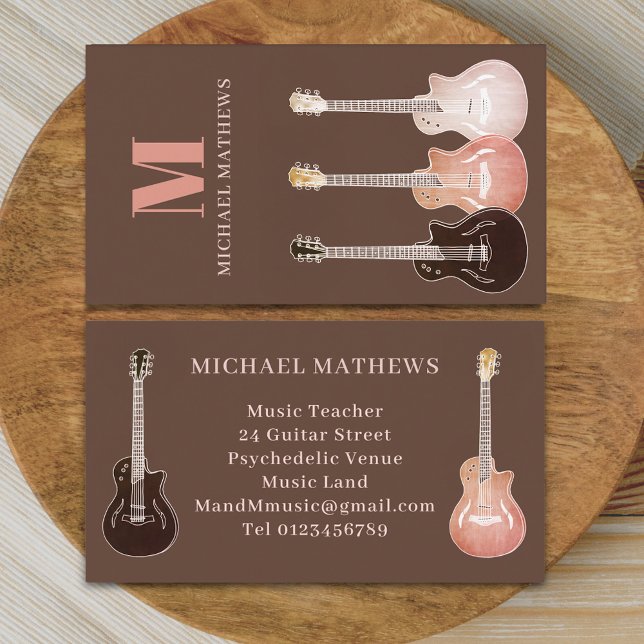 Cartão De Visita Professor de Música de Violão Brown (Rustic guitar music teacher professional musician Business card Country music semi acoustic guitars)