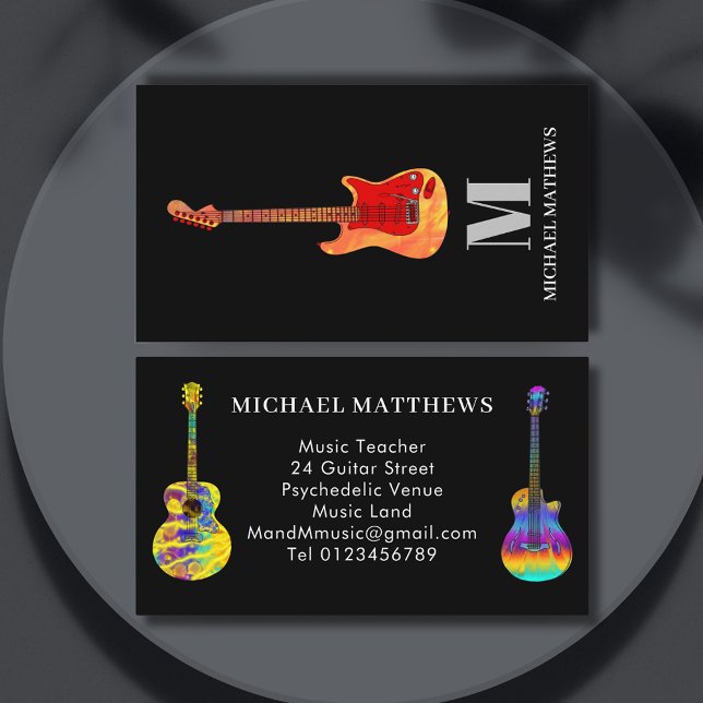 Cartão De Visita Professor de Música de Violão Monograma (Fire guitar on black music teacher professional musician business card)