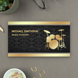 Cartão De Visita Professor de Música em Damasco Preto Bateria Ouro