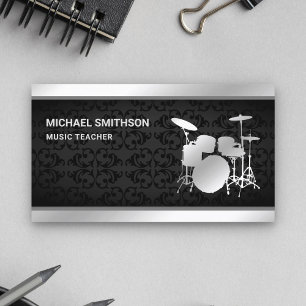 Cartão De Visita Professor de Música em Damasko Preto Bateria Prate