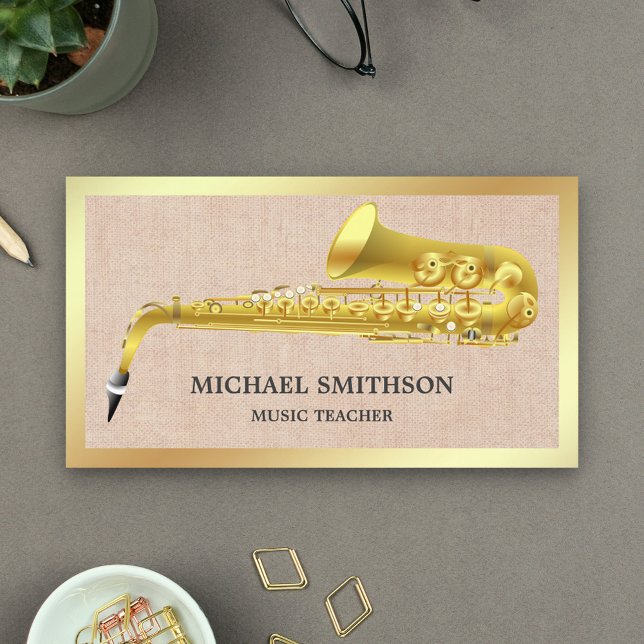 Cartão De Visita Professor de Música Rustic Burlap Gold Foil Saxofo (Criador carregado)